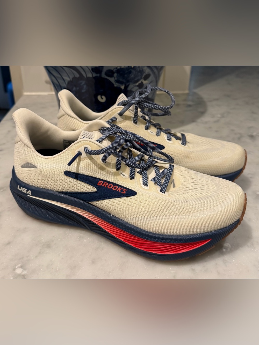 Brooks Women’s Ghost 18 USA Running Shoes - Cream with Navy & Red Accents